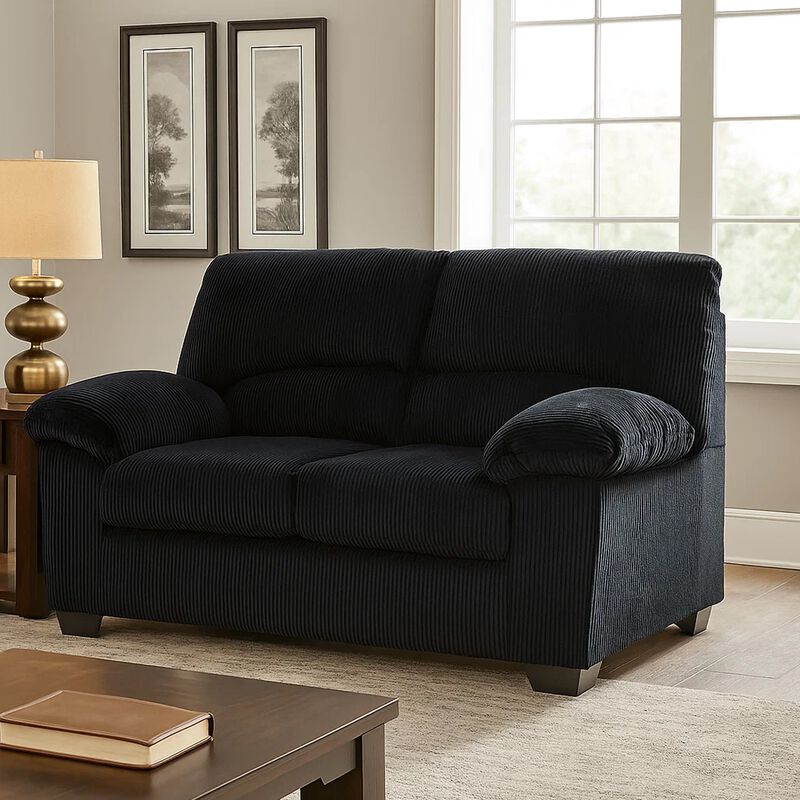 Simy Loveseat, 63 Inch Black Polyester Corduroy, Pillow Top Arms image number 1