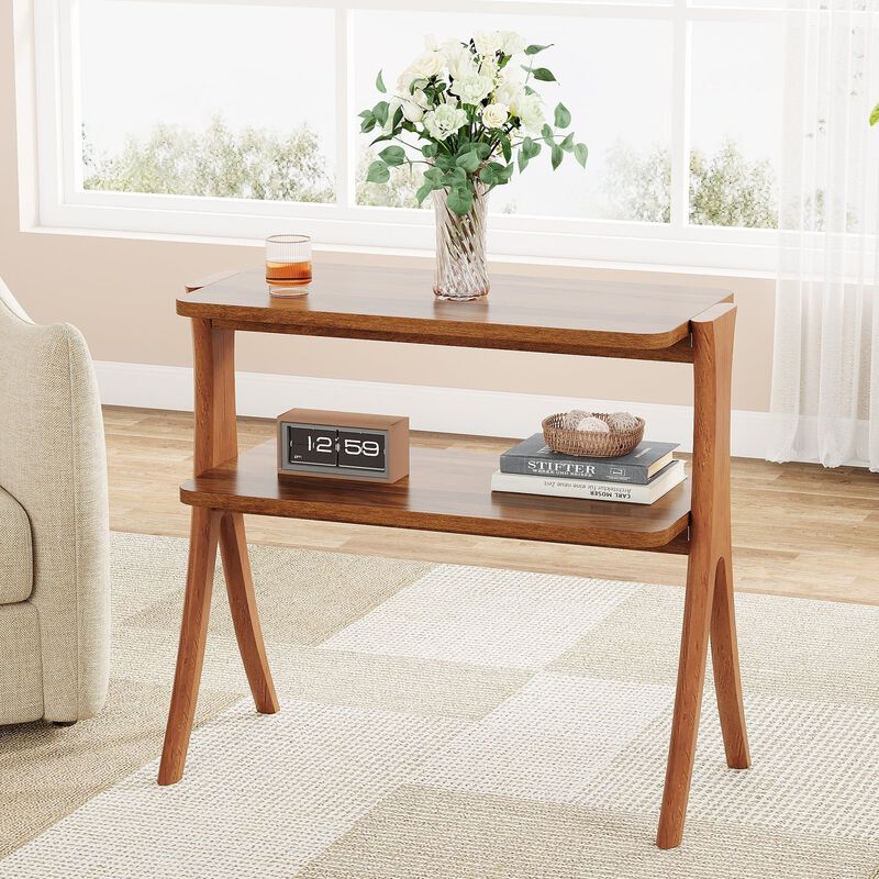 Farmhouse Wood End Table, 2-Tier Side Table with Storage Shelf image number 1