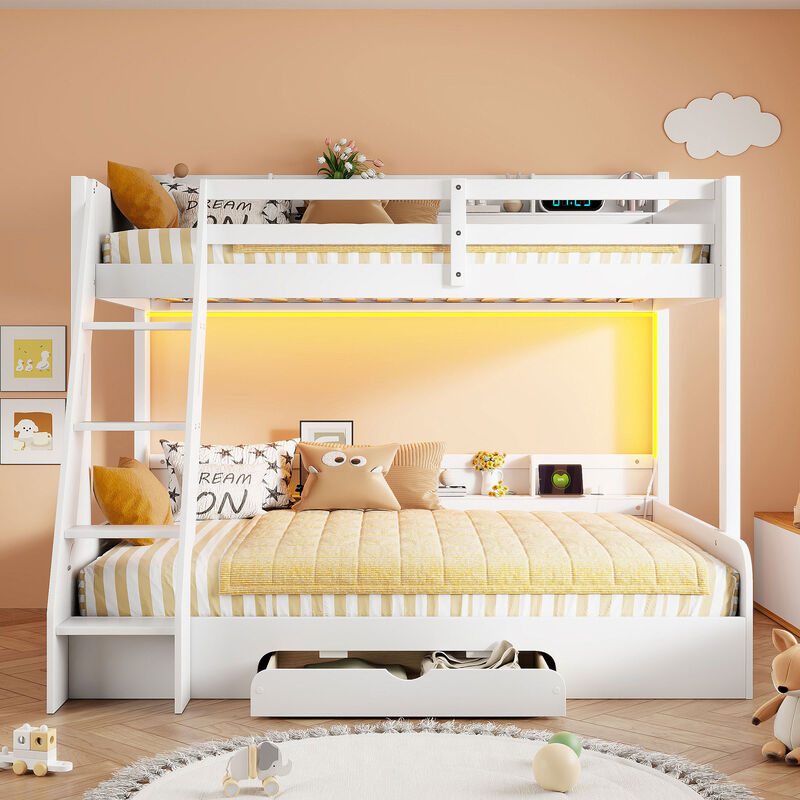 Whisen Bunk Bed with Storage Shelves, LED, Charging Station and a Drawer image number 2