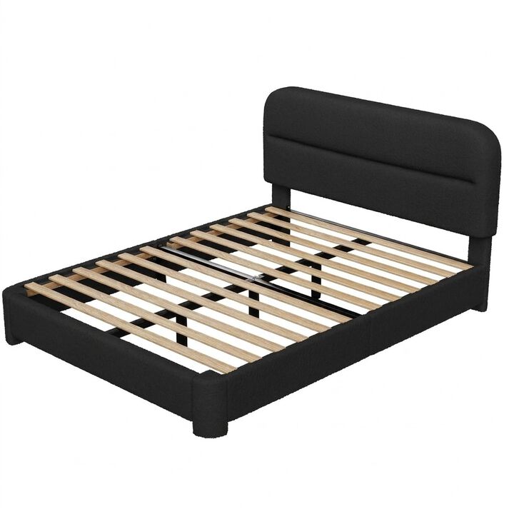 Vipbear Upholstered Boucle Platform Bed Frame with Adjustable Wide Headboard, Wooden Slats, Black