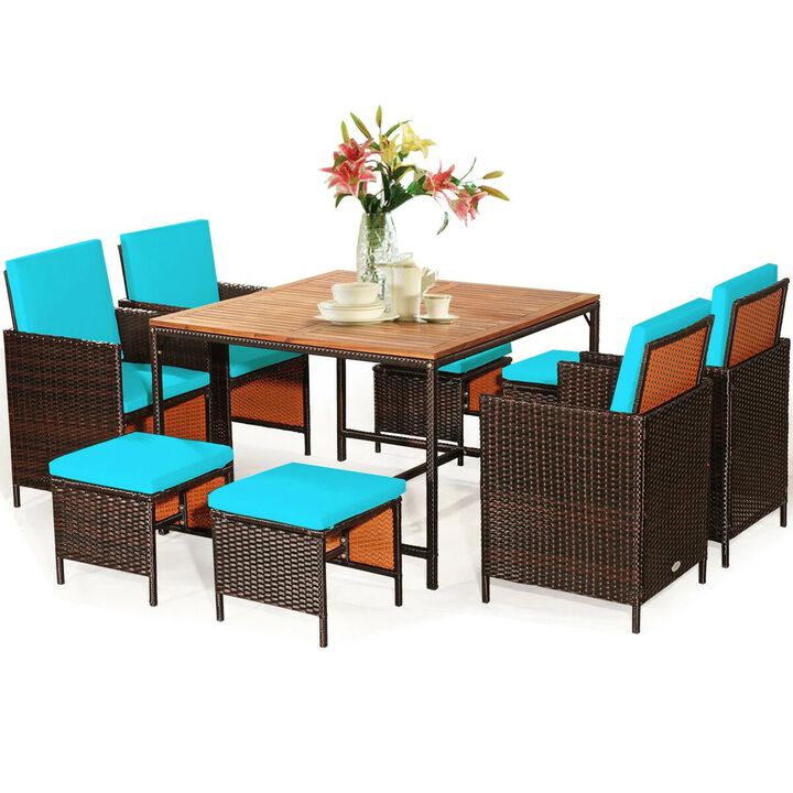 Mondawe 9-Pcs Outdoor PE Rattan Patio Dining Set W/ Acacia Wood Table&Umbrella Hole,Cushioned Chairs