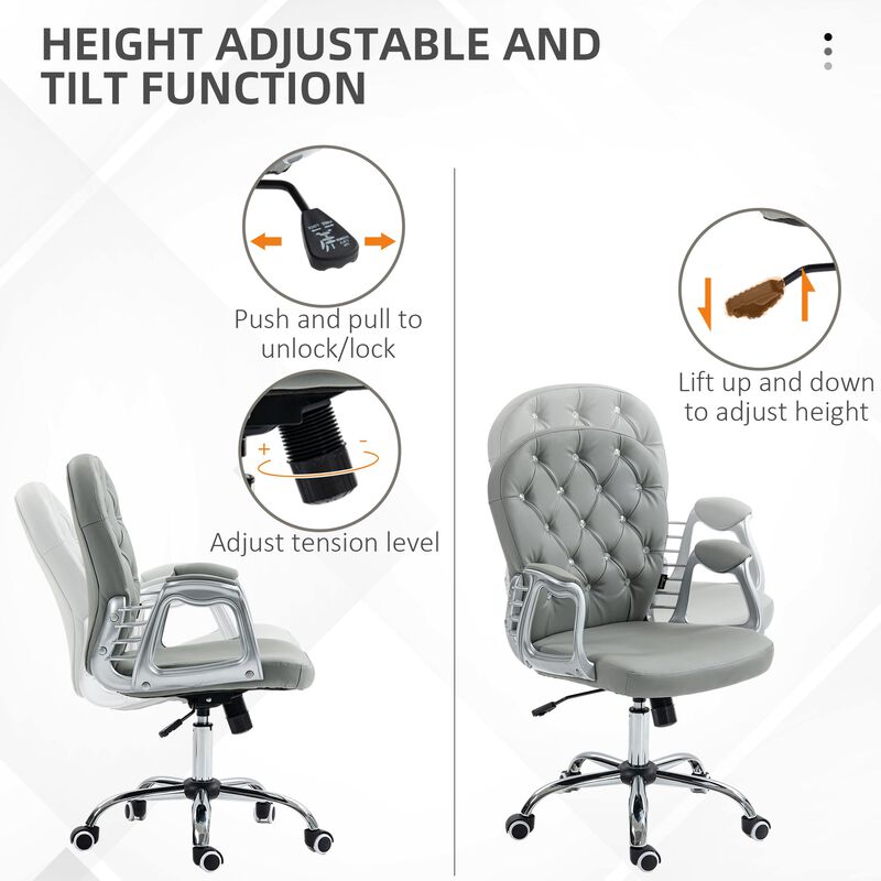 Gray PU Leather Desk Chair: Tufted, Padded Arms, Adjustable image number 3