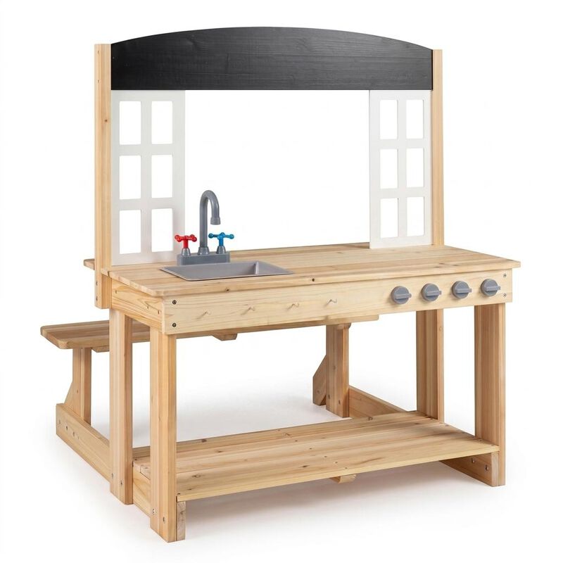Kids Pretend Play Kitchen Set with Bench and Accessories image number 0