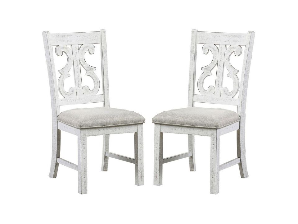 Open Scroll Back Wooden Side Chair with Padded Seat, Set of 2, White - Benzara