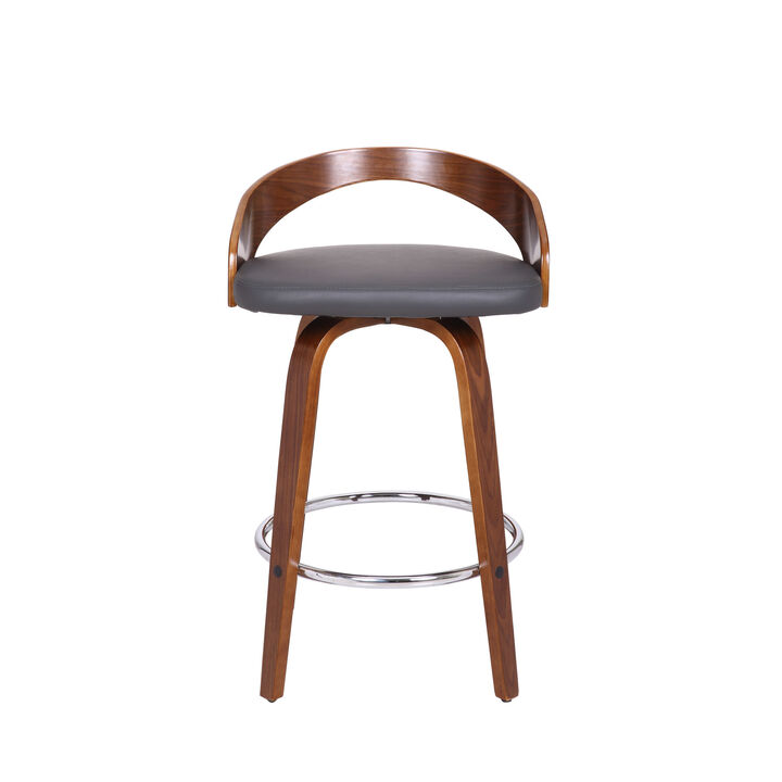 HomeRoots 26" Gray And Brown Faux Leather And Fabric And Iron Low Back Counter Height Swivel Bar Chair