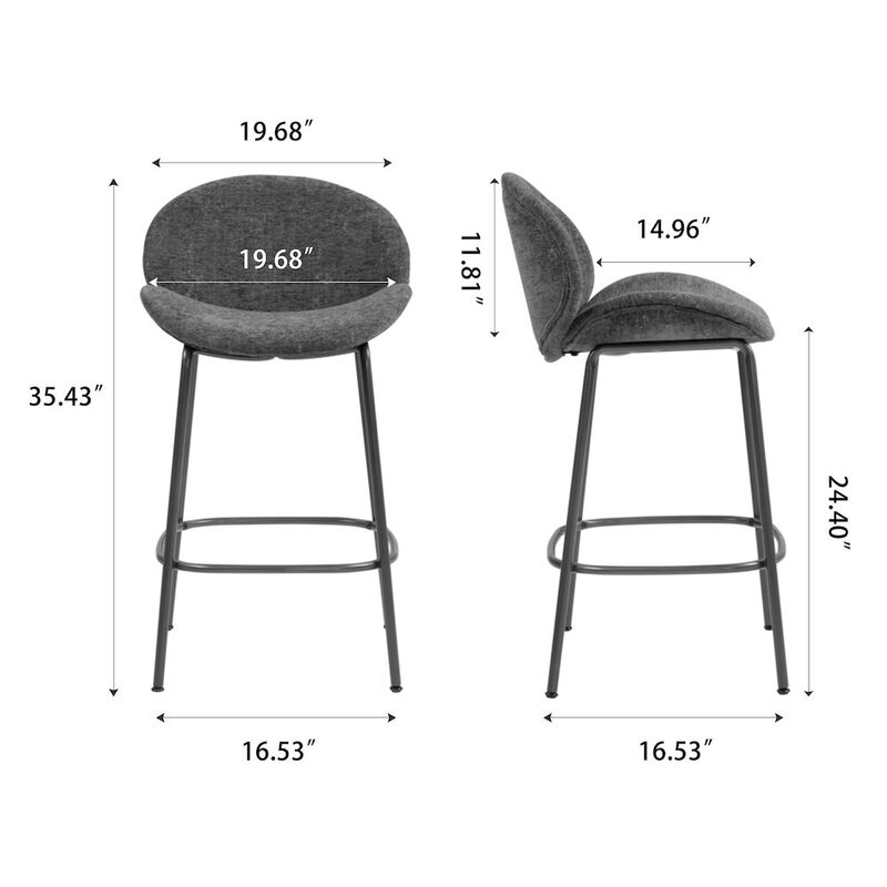 Glamour Home Set of 2 Benedetta Blue Linen Upholstered Fabric Counter Stool Black Iron Legs