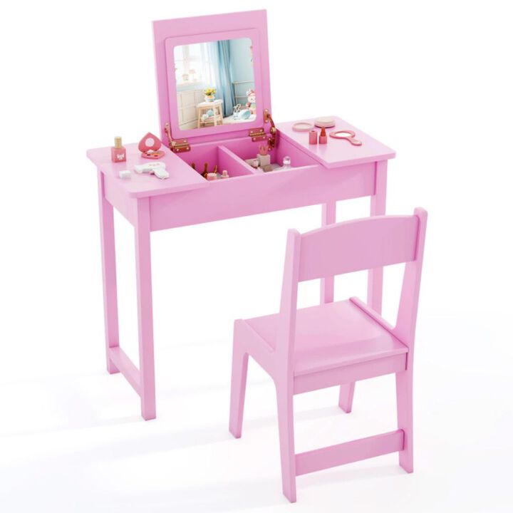 Hivvago 2-in-1 Kids Vanity Makeup Table and Chair Set with Flip Top Mirror