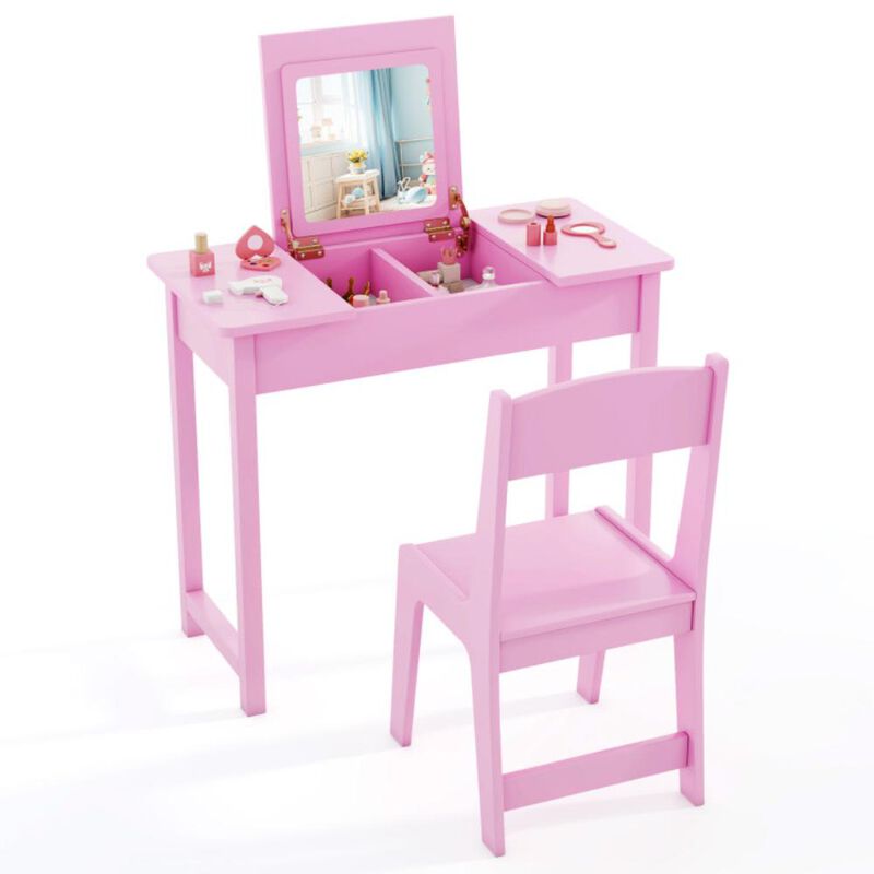 Hivvago 2-in-1 Kids Vanity Makeup Table and Chair Set with Flip Top Mirror