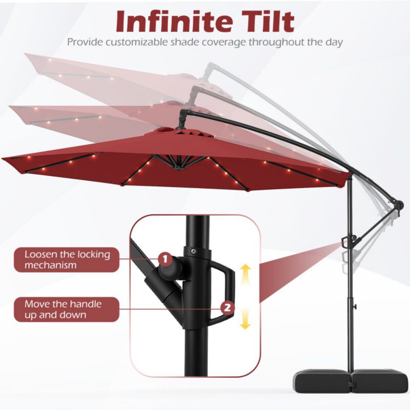 10 Feet Solar Offset Hanging Umbrella with Base and 32 LED Lights-Taupe image number 4