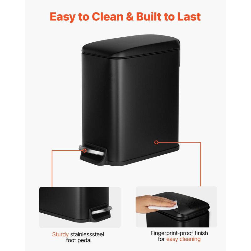 Slim Bathroom Trash Can, Steel Step Pedal Bin with Soft Close Lid - Black image number 5