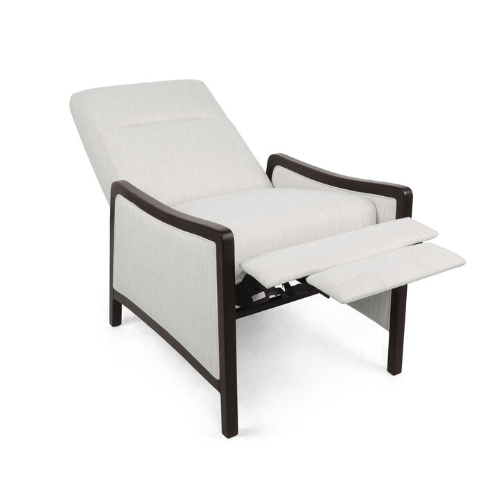 Reina Recliner Chair with Push-Back, Brown Birch Wood, Beige Fabric - Benzara