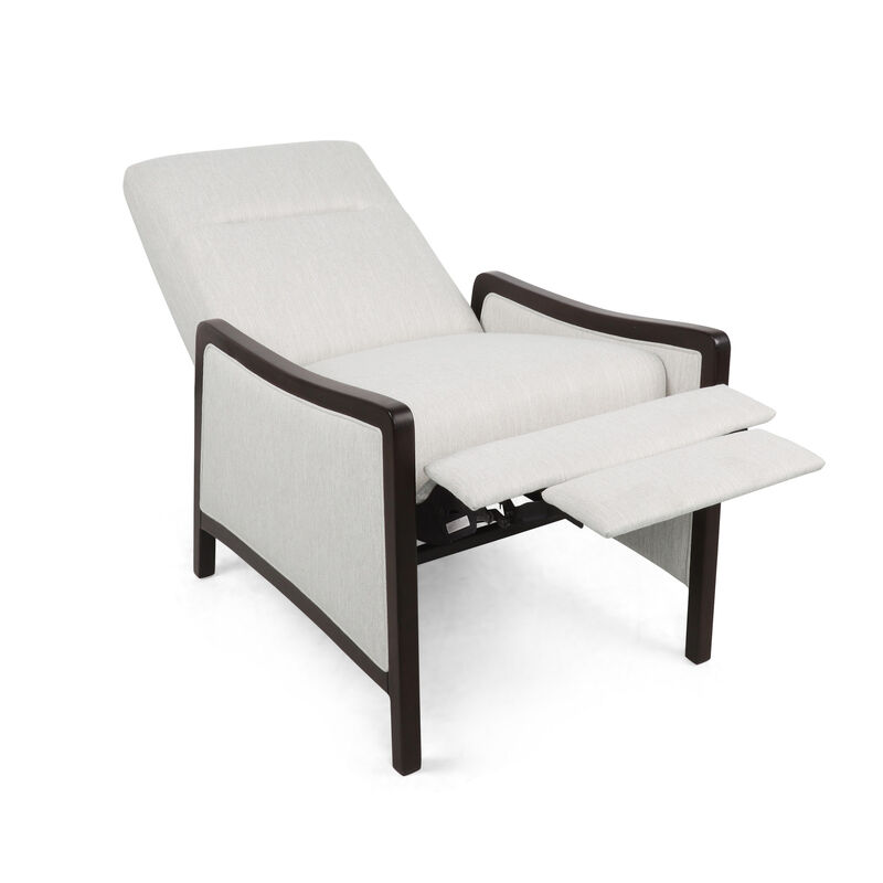 Reina Recliner Chair with Push-Back, Brown Birch Wood, Beige Fabric - Benzara