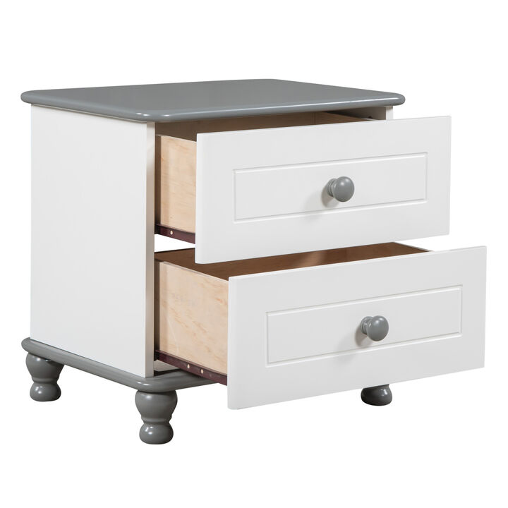 Wooden Nightstand with Two Drawers for Kids, End Table for Bedroom, White+Gray