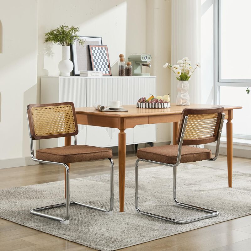 Whisen 2-Piece Mid Century Dining Chairs, Linen Upholstered with Cane Back & Chrome Base, Cantilever Design for Kitchen image number 2