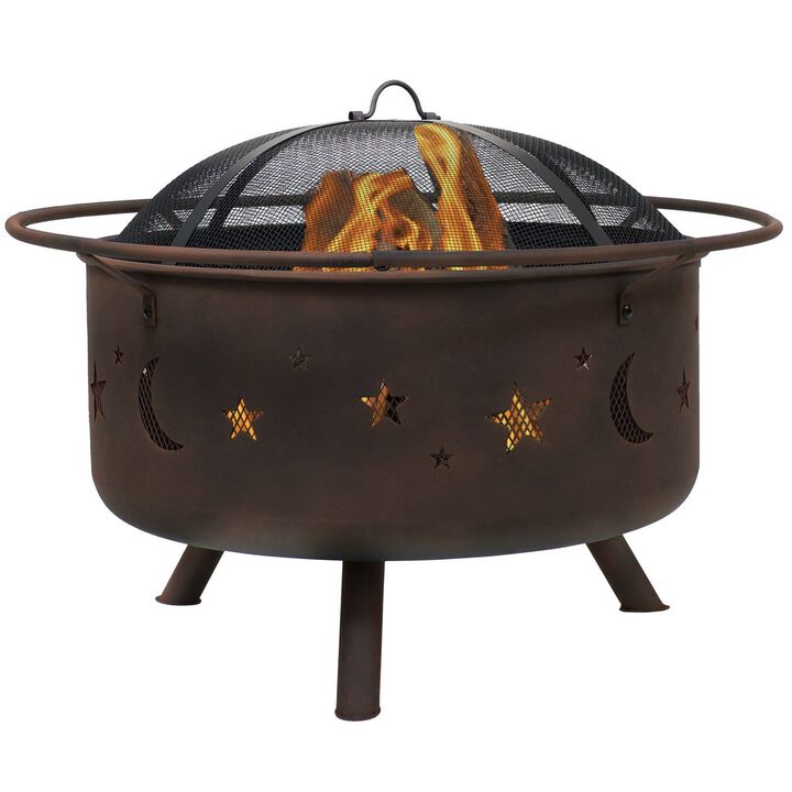 QuikFurn Moon Stars Sky Steel Fire Pit Bowl with Screen Cooking Grate and Poker