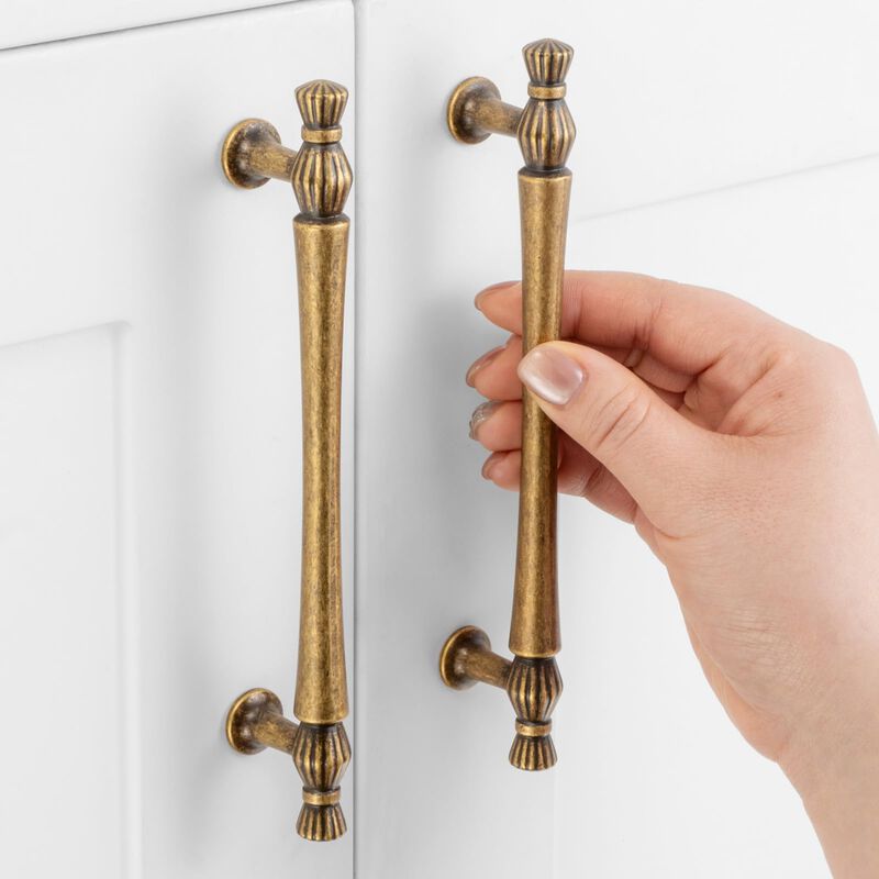 ASKANO Antique Brass Cabinet Pulls, 5 Inch Hole Centers, French Style Vintage Kitchen Cabinet Handles ZP2408 | Pack of 10, Solid