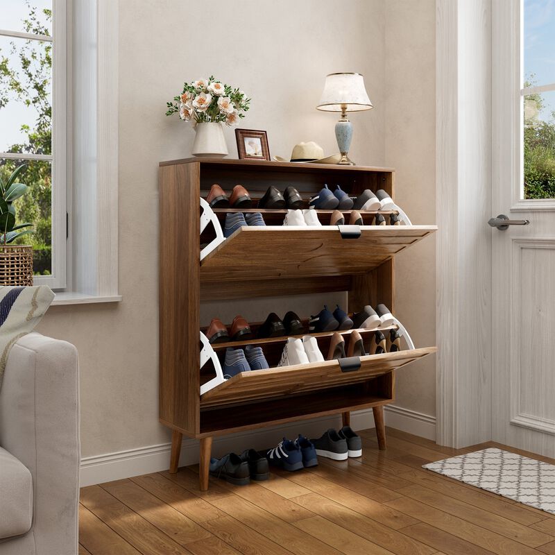 Clihome Medieval Modern Independent Shoe Cabinet, 31.5-inch Walnut Shoe Storage Cabinet,, Fence Shoe Cabinet With 2 Flip Drawers, Suitable For Corridors And Entrances image number 2