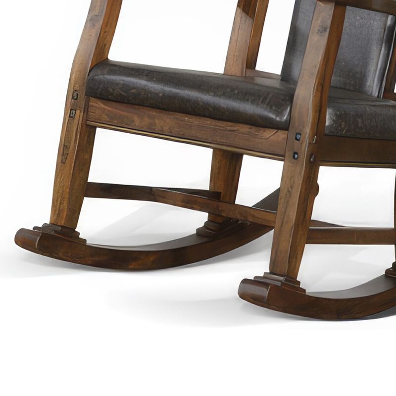 Jenne Rocking Chair, Faux Leather Seat and Back, Antique Dark Brown - Benzara
