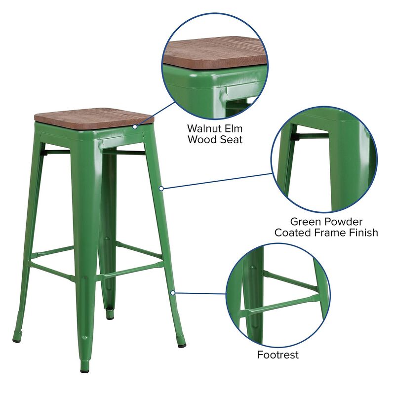 Flash Furniture Lily 30" High Backless Green Metal Barstool with Square Wood Seat image number 2
