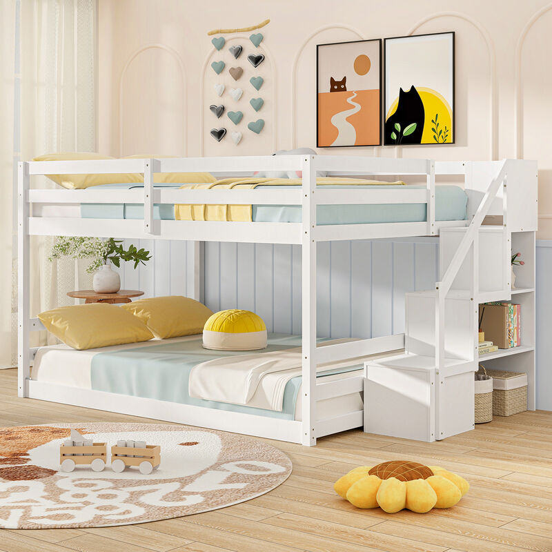 Space-Saving Solid Wood Bunk Bed with Staircase and Storage Drawers