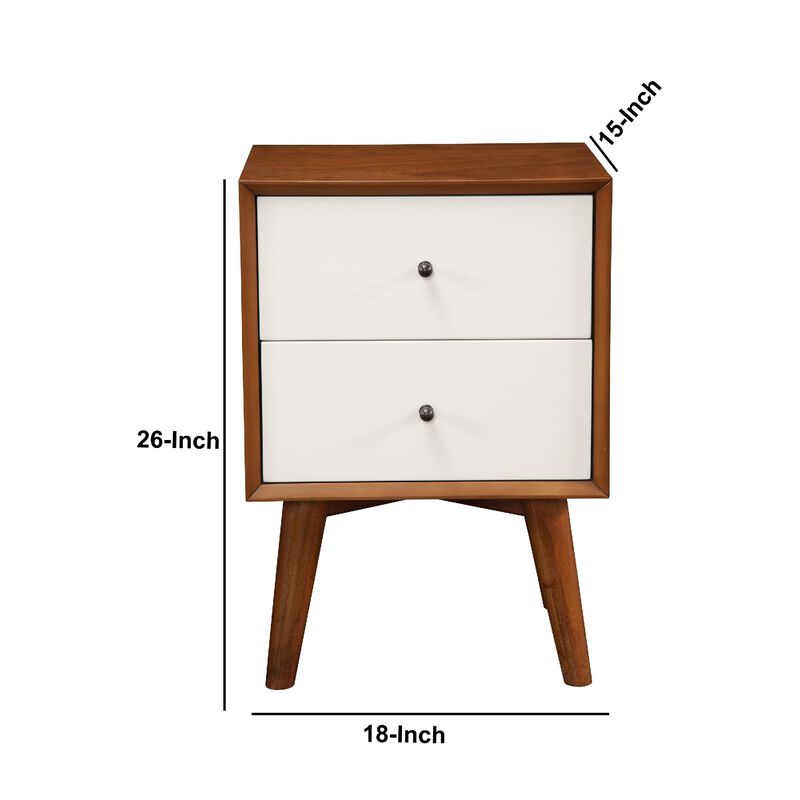 Stylish Wooden Nightstand With Two Drawers and Flared Legs, Brown and White-Benzara