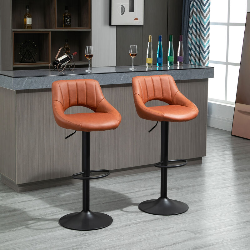HOMCOM Bar Stools Set of 2, Swivel Bar Height Barstools Chairs with Adjustable Height, Round Heavy Metal Base, and Footrest, Brown
