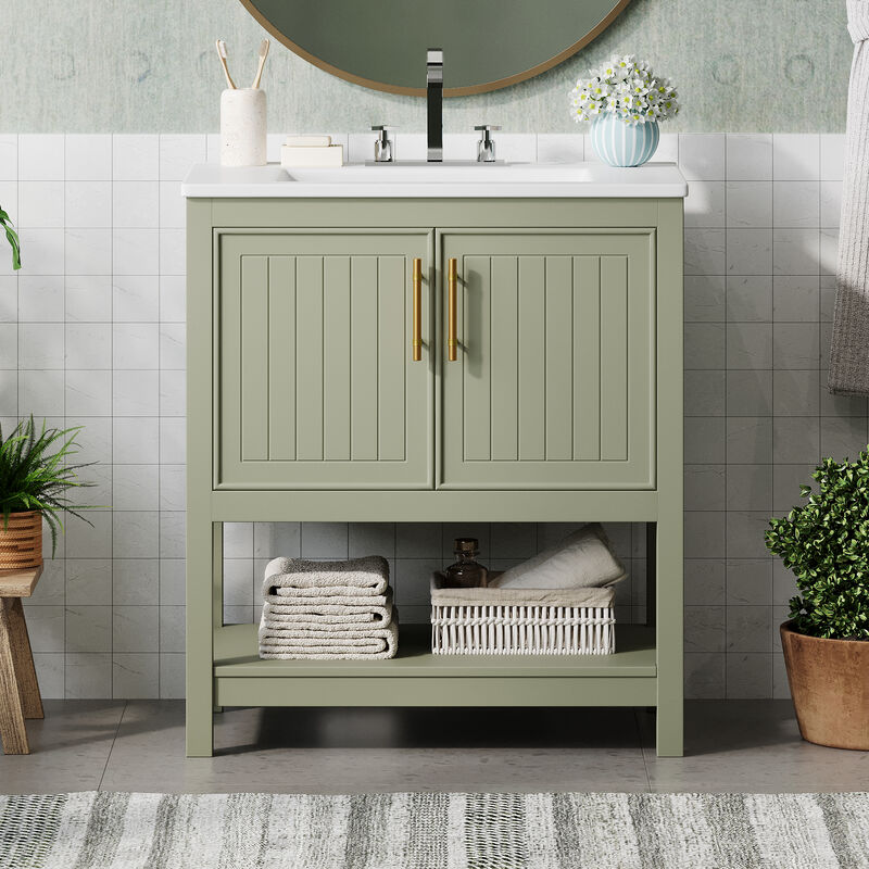 Whisen 30" Bathroom Storage Cabinet Bathroom Vanity with Ceramic Sink, Soft Close Doors and Open Shelf