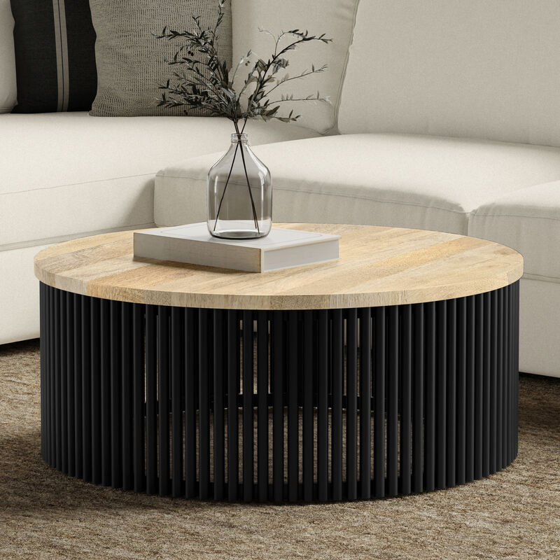 Demy  35 inch Wide Round Industrial Contemporary Coffee Table in Natural, Black, Fully Assembled