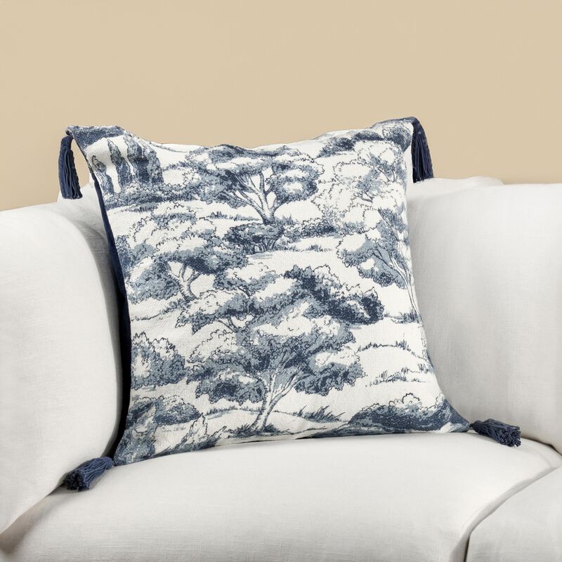 Wod Square Accent Throw Pillow, 22 Inch Blue Toile, Ivory Cotton Blend - Benzara