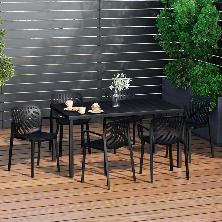 WestinTrends 7-Piece Outdoor Metal Rectangle Patio Dining Table Set With Stackable Resin Patio Dining Chairs