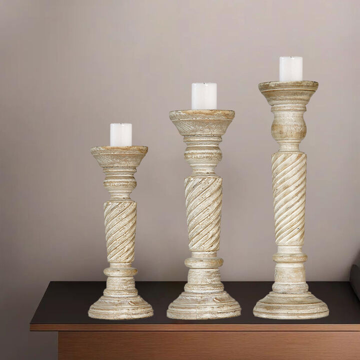 Traditional Antique White Eco-friendly Handmade Mango Wood Set Of Three 9",12" & 15" Pillar Candle Holder BBH Homes