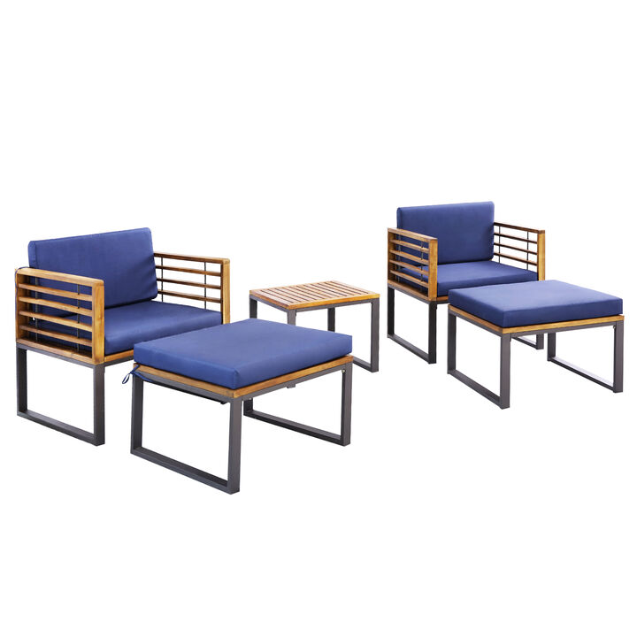 5 Piece Patio Acacia Wood Chair Set with Ottomans and Coffee Table-Navy