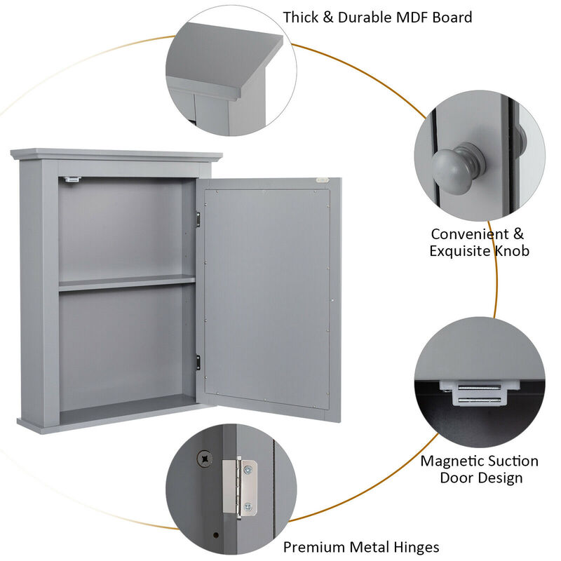 Costway Bathroom Mirror Cabinet Wall Mounted Adjustable Shelf Medicine Grey