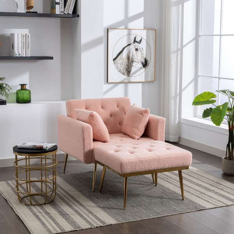 36.61" Wide Modern Accent Chair With 3 Positions Adjustable Backrest, Tufted Chaise Lounge Chair, Single Armchair With Ottoman And Gold Legs For Living Room, Bedroom (Pink)