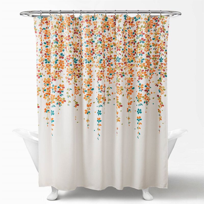 Hivvago 72-inch White Turquoise Blue Orange Floral Flowers Shower Curtain