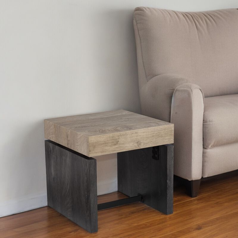 Wood and Iron Accent Table, Square Side Table with Open Storage Shelf