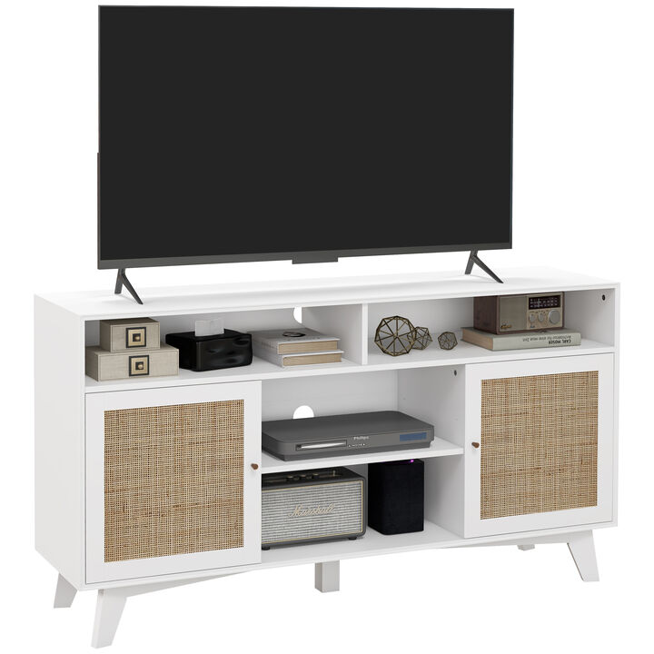 HOMCOM TV Stand for 65 Inch TV, Boho TV Cabinet with Rattan Doors, Adjustable Shelves, Storage Cabinets and 4 Open Shelves, Entertainment Center for Living Room, White