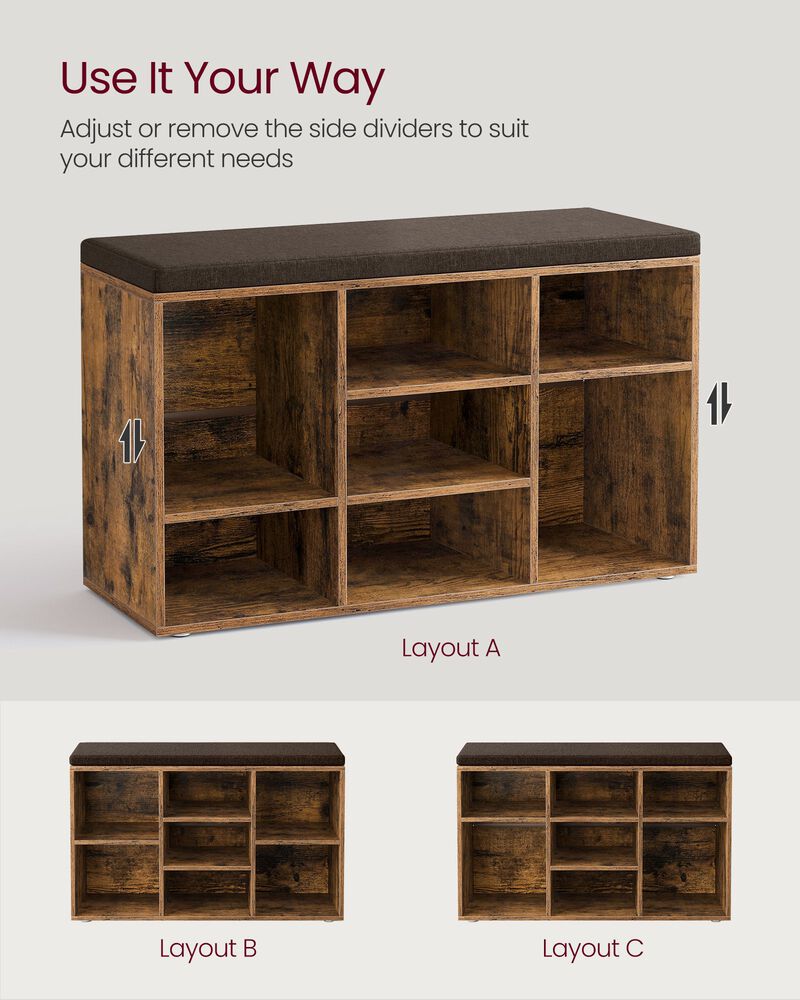 Cubbie Shoe Cabinet with Cushion Seat and Adjustable Shelves - Storage Bench for Entryway