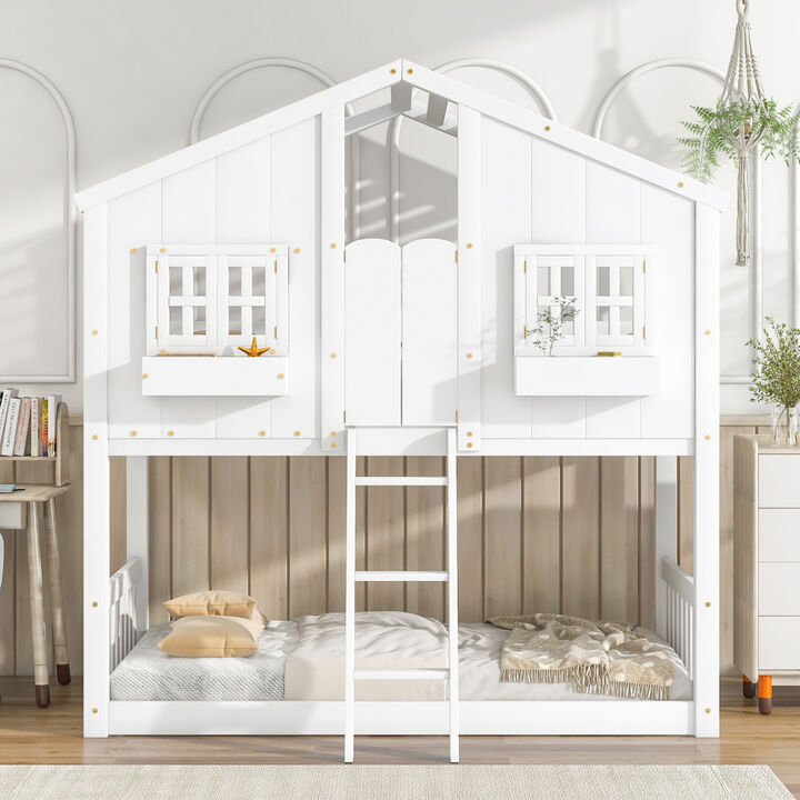 Twin over Twin House Bunk Bed with Roof, Window, Window Box, Door, with Safety Guardrails and Ladder,White