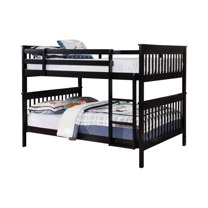 Mission Style Full over Full Bunk Bed with Attached Ladder, Black-Benzara