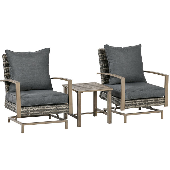 Outsunny 3-Piece Patio Wicker Bistro Set with Cushions, Aluminum Frame Outdoor PE Rattan Conversation Furniture with 2 Rocking Chairs, Slat Top Coffee Table for Porch, Backyard, Garden, Dark Gray