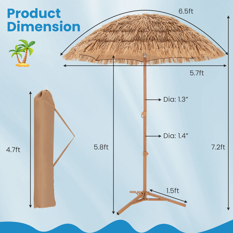 Thatched Tiki Umbrella with Foldable Stand Push Button Tilt-Natural