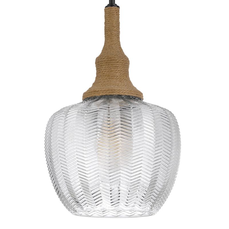 Pendant Light, Leaf Pattern Glass Shade, Burlap Rope Accent, Black Metal image number 6
