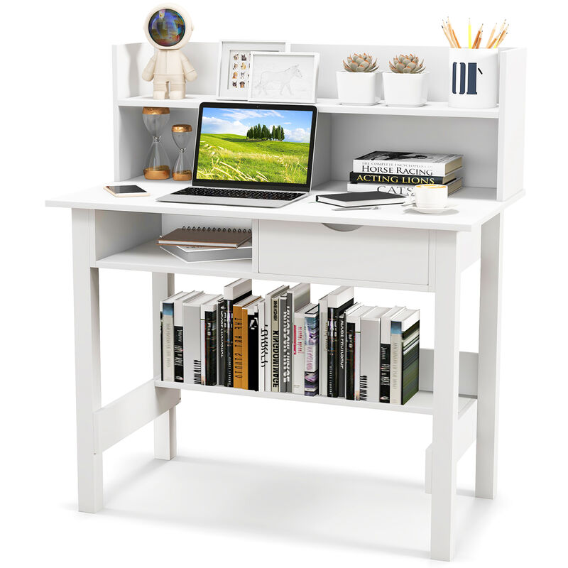 Costway Computer Desk with Power Outlets and USB Ports & Type-C Hutch Open Shelf Drawer