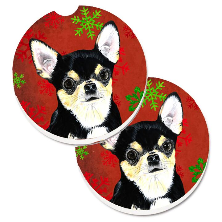 Caroline's Treasures Chihuahua Red & green Snowflakes Holiday Christmas Set of 2 Cup Holder Car Coasters SC9439CARC, 2.56, Multicolor