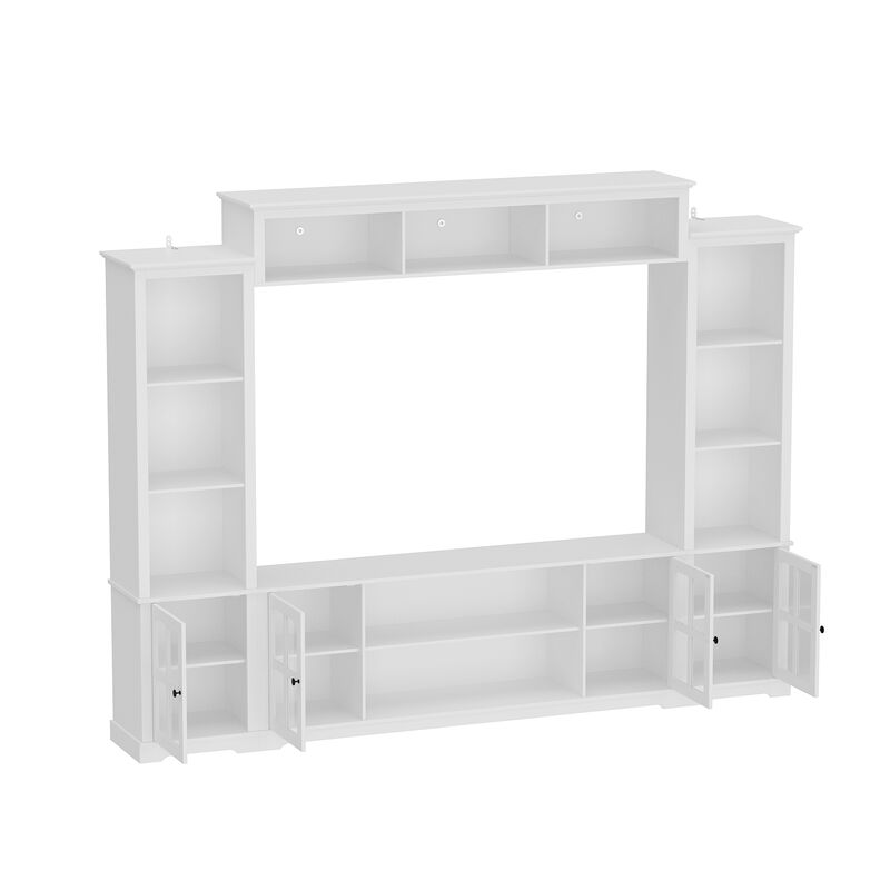 FUFU&GAGA 102-inch Modern TV Media Cabinet with Glass Cabinet Doors, Open Shelves, and Drawers, Made of White PB Board (102 in. W x 14.6 in. D x 78.2 in. H)