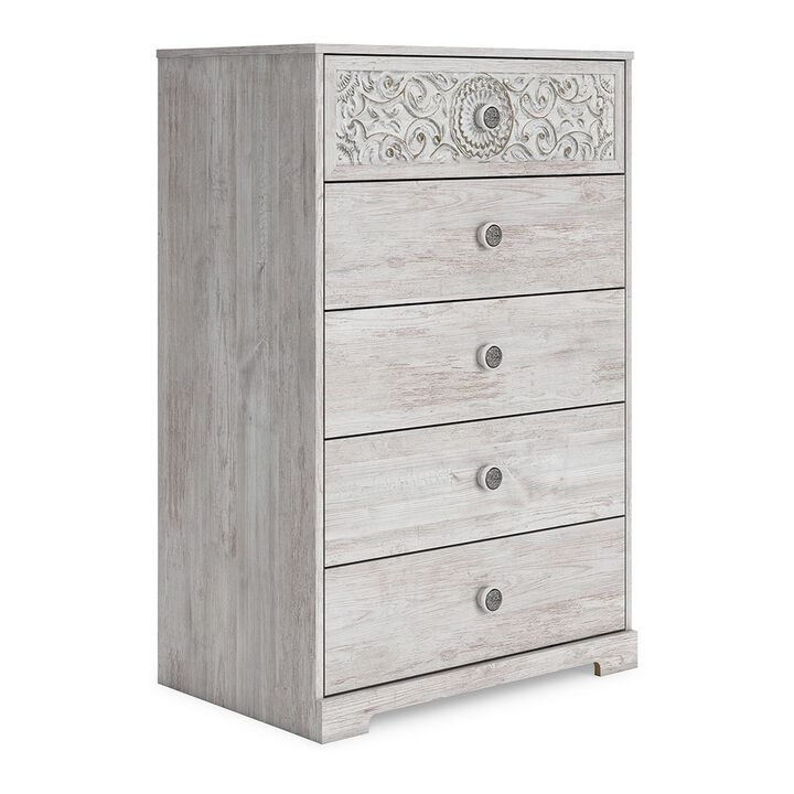 46 Inch 5 Drawer Modern Tall Dresser Chest, Whitewashed Carved Design Wood - Benzara
