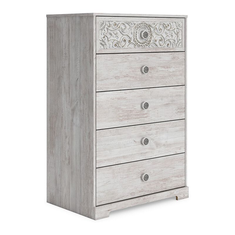46 Inch 5 Drawer Modern Tall Dresser Chest, Whitewashed Carved Design Wood - Benzara