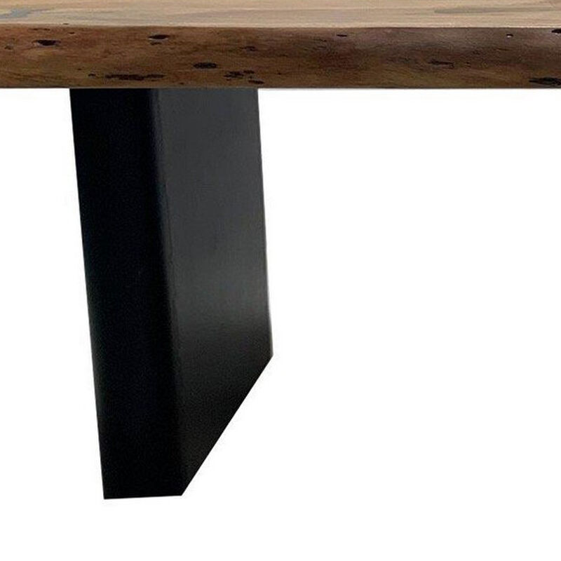 Mya 51 Inch Modern Coffee Table, Live Edge Wood Top, Black Iron Panel Legs-Benzara