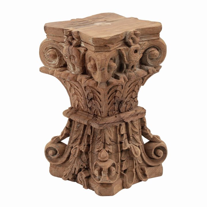 19 Inch Classic Stool Table, Carved Pillar Accent, Wood, Antique Brown - Benzara